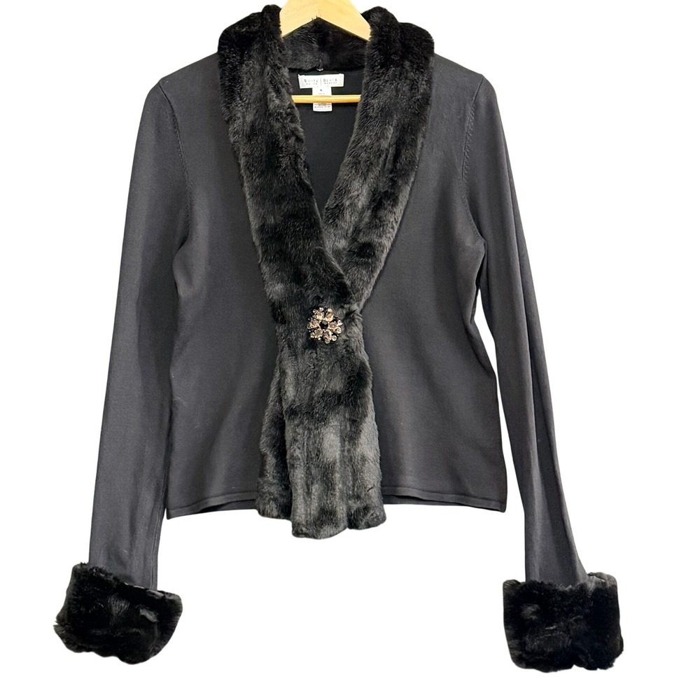 White House Black Market Silk Blend‎ Faux Fur Brooch Cardigan Black XL Mob Wife